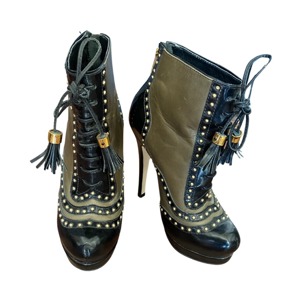 Asos, black/green leather ankle booties, UK Size 4/US 6, Platform,heel height 5”